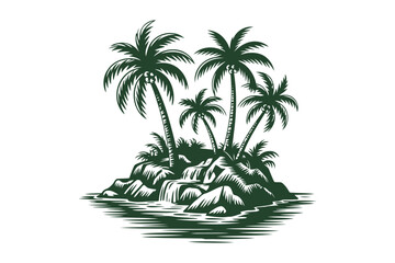 Obraz premium Tropical island with palm trees and waterfall on a green beach tropical paradise