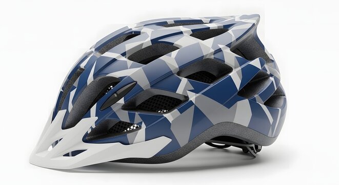 Modern motorcycle helmet with geometric pattern in shades of blue gray and white