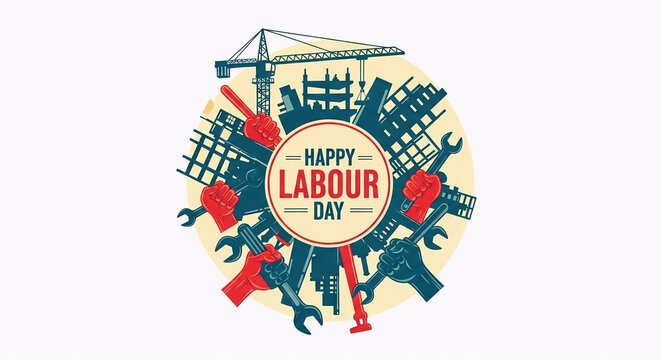 vibrant labour day badge with construction tools