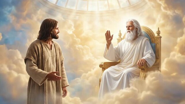 Jesus Christ speaks with God upon a golden throne in heaven. Divine encounter in the clouds. Biblical scene of faith depicting communion between divine figures.
