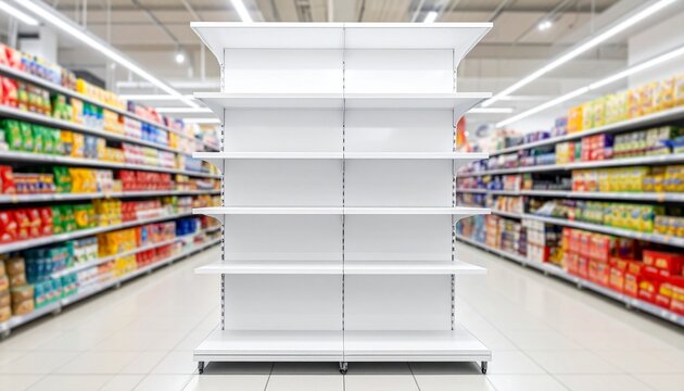 Empty grocery shelf aisle stocked sides fluorescent lighting contrast