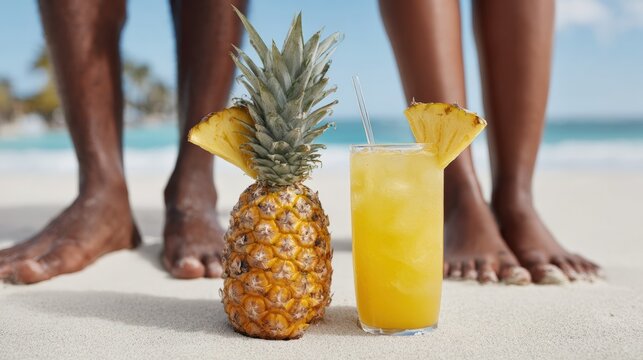 Pineapple and orange drink standing on tropical sandy beach