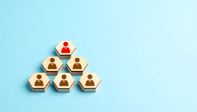 Wooden hexagonal blocks pyramid hierarchy leader red icon