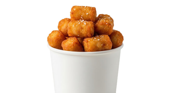a white paper cup filled with salted tater tots isolated on transparent background