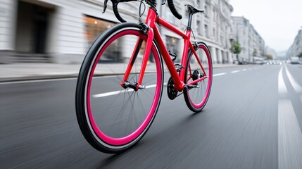 Fototapeta premium Red racing bicycle cycling fast on urban street