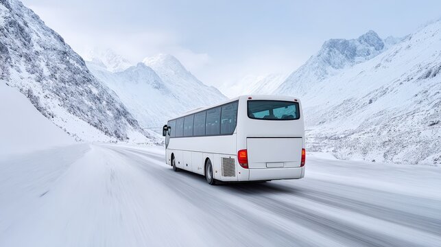 Tour bus driving through snowy mountain pass on winter road