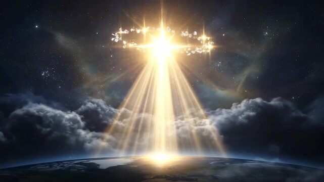 Bright light shining above the earth. Glowing cross symbol emerging from stars and clouds. Spiritual vision of Jesus Christ light for divine religious worship.