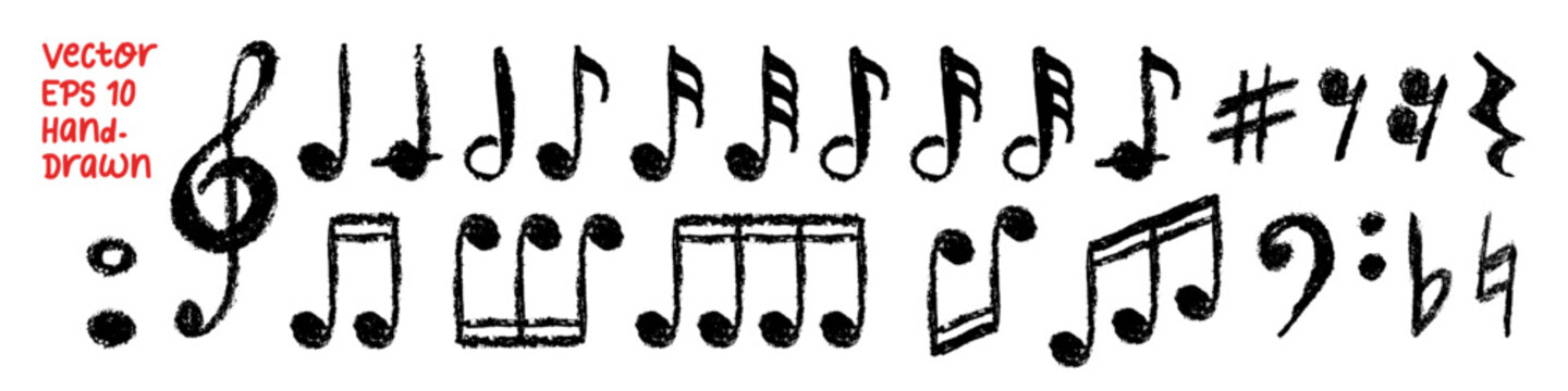 Music notes hand drawn collection, vector illustration isolated on transparent background. Clef, quaver, flat, natural, crotchet with grunge chalk, charcoal texture ideal for creative design