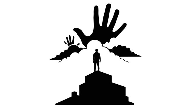 A man stands on a hill with giant hands reaching for him.