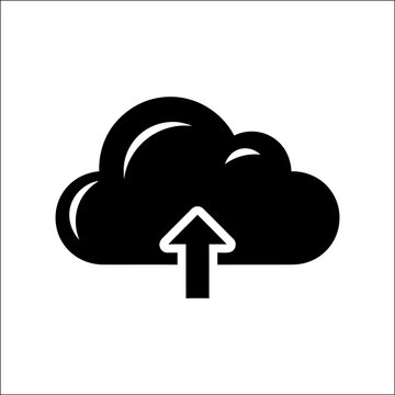 A simple black cloud icon with a white upward arrow, representing data upload or download, set against a clean white background, creating a striking silhouette.