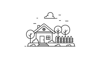 Fototapeta premium Minimal House Garden Fence Line Art Home Vector Illustration