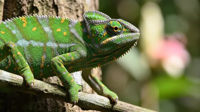 Chameleon Green Lizard Perched on a Branch in Natural Environment