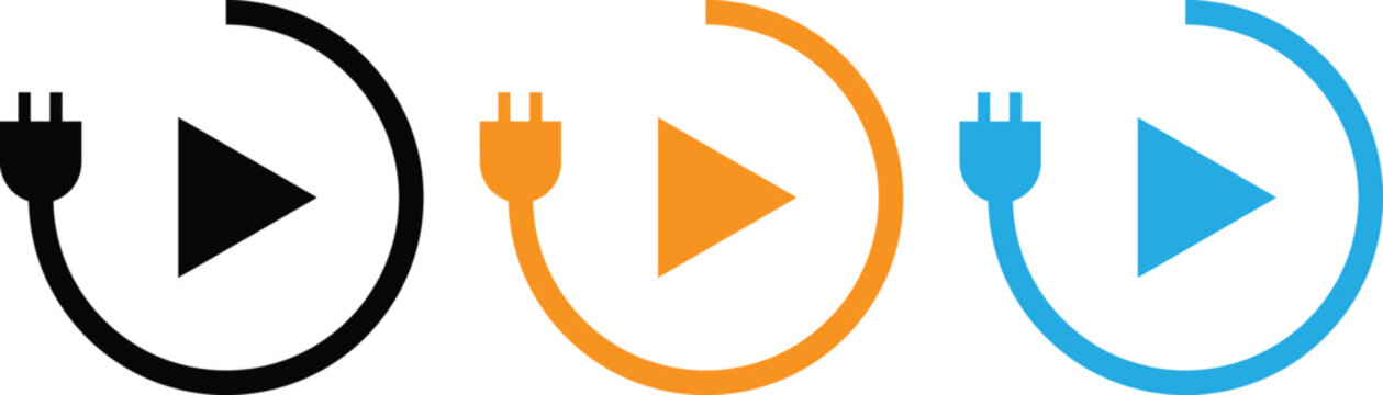 Electric plug with play button icon set, energy power and multimedia start concept vector illustration.