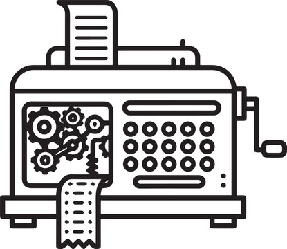 Vintage Mechanical Adding Machine Vector Icon with Paper Tape & Gears for Accounting Software UI, Financial Dashboards, Retro Tech Infographics, Business Process Diagrams, Historical