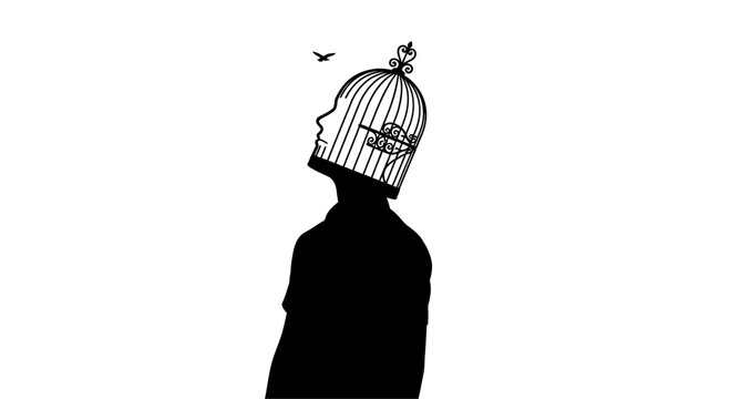 Silhouette of a person with a birdcage head and a flying bird.
