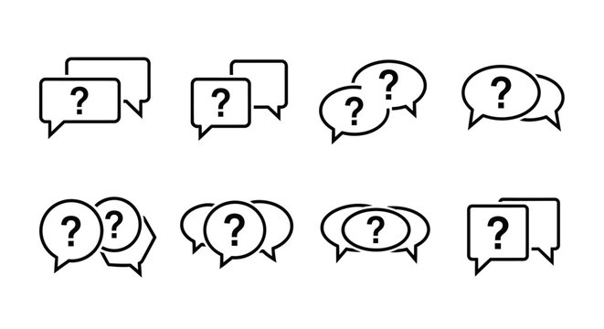 Collection of speech bubble icons with question marks, symbolizing inquiries, confusion, and the need for answers in communication