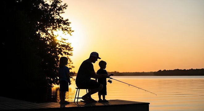 Father's day bonding silhouetted father and son fishing at sunset