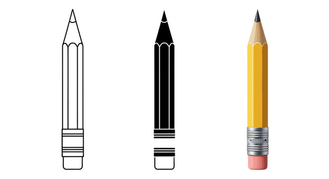 Three distinct pencils shown, including a sketch, a solid black drawing, and a realistic yellow wooden pencil, each with a graphite tip and an eraser