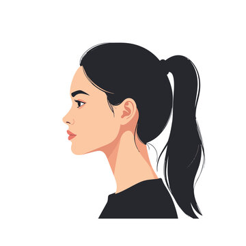Side profile young woman with long ponytail hair