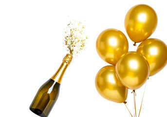 Champagne Bottle Popping with Gold Balloons Isolated on White Background Celebration Concept © ELKAHLAOUI