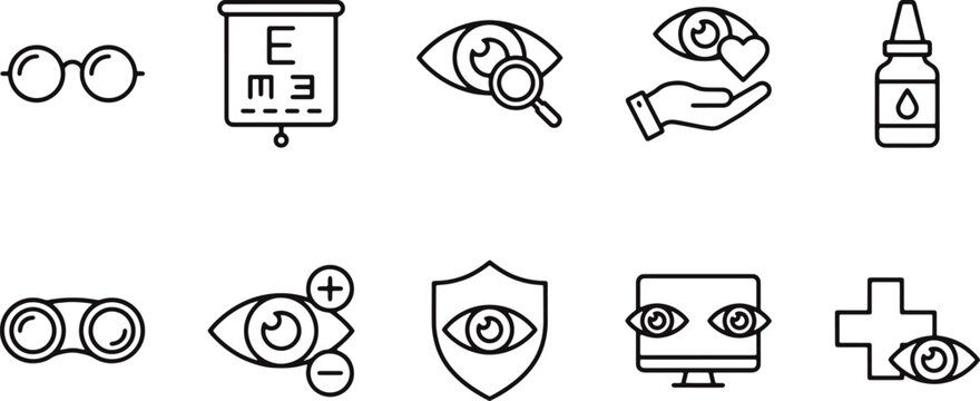 Eye care icons including glasses and eye drops