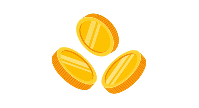 Three golden coins falling and spinning in the air, symbolizing wealth, finance, and fortune on a white background