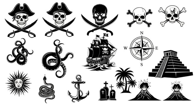 Collection of Pirate and Nautical Icons Skulls, Ships, Compasses, and Tropical Elements