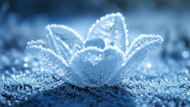 Frozen ice blooming bud macro, winter frost flower close-up, abstract cold nature background