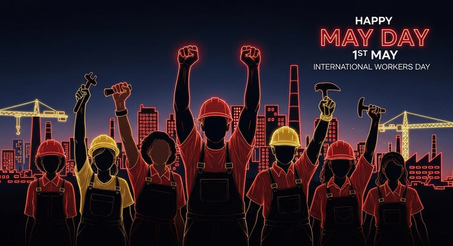workers celebrating may day with raised fists at dusk