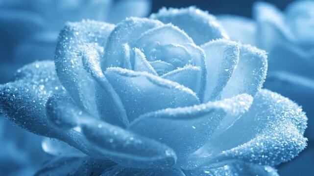 Frozen rose blooming macro close-up, ice covered petals, winter floral background, cold nature detail