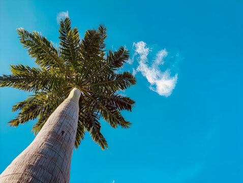 Low angle view of oil palm tree against blue sky with clouds