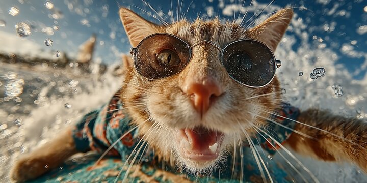 Funny orange cat wearing sunglasses surfing on a wave with water splashes. Playful animal summer vacation and beach concept