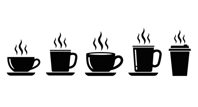 A collection of black icons representing cups of coffee, steaming hot and ready to enjoy, presented in a clean, minimalist style