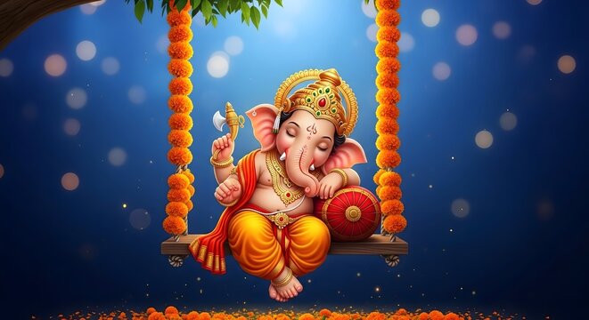 Ganesh chaturthi images: cute baby ganesha on swing with marigold garland for festival