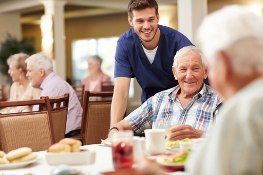 Friendly Nurse Assisting a Senior Man During Mealtime in a Care Facility