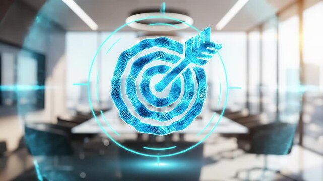 Glowing digital target dartboard with arrow hitting bullseye in modern office boardroom. Business goal achievement and strategic planning for corporate success and performance driven results