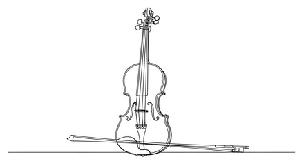 Fototapeta premium A minimalist line drawing of a classical violin and bow resting on a flat surface, showcasing intricate details and elegant design