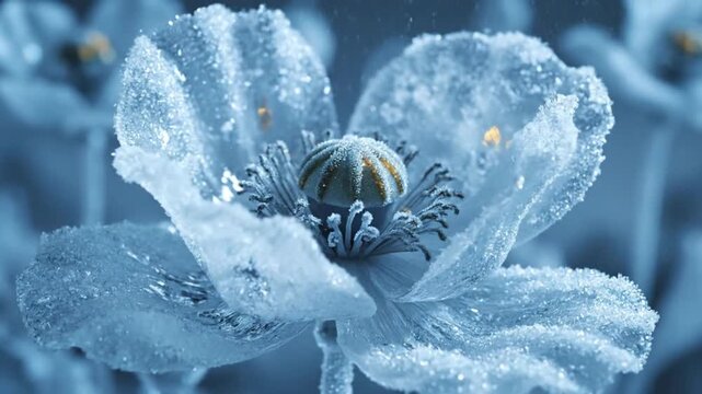 Frozen flower blooming macro, ice covered petals opening, winter nature time lapse concept