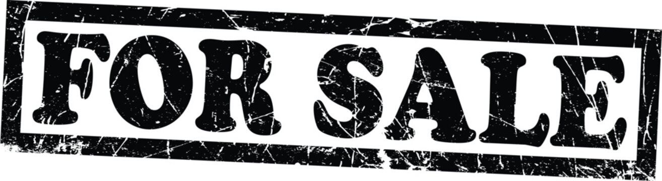 Black distressed grunge rubber stamp impression with the text for sale in a box