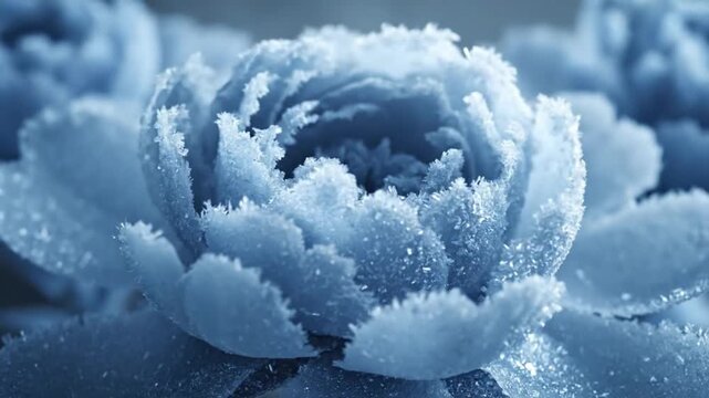 Frozen peony blooming macro, ice covered petals opening, winter floral time lapse concept
