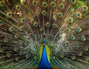 Obraz premium Vibrant Peacock Displaying Fully Fanned Blue Green Tail Feathers