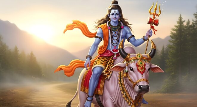 Shiva riding nandi illustration, hindu god shiva, indian deity, hinduism art, divine power