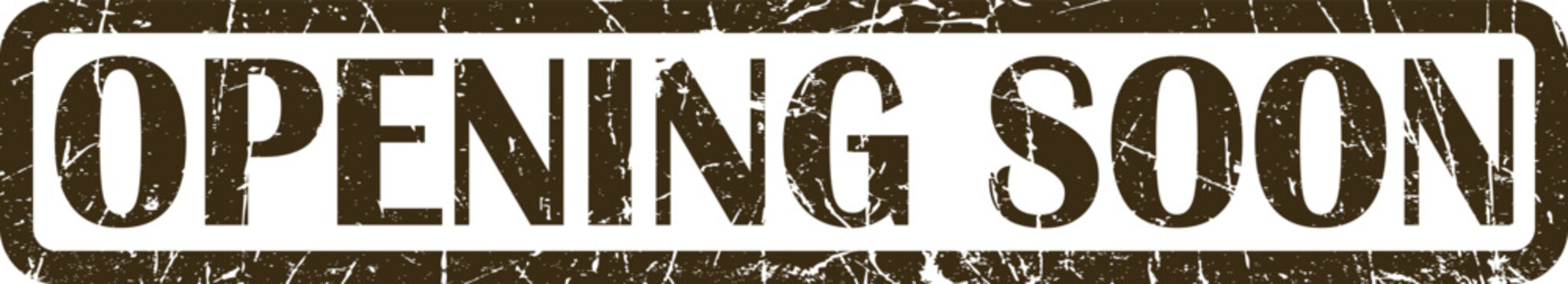 Rectangular rubber stamp with distressed brown text reading opening soon grunge texture