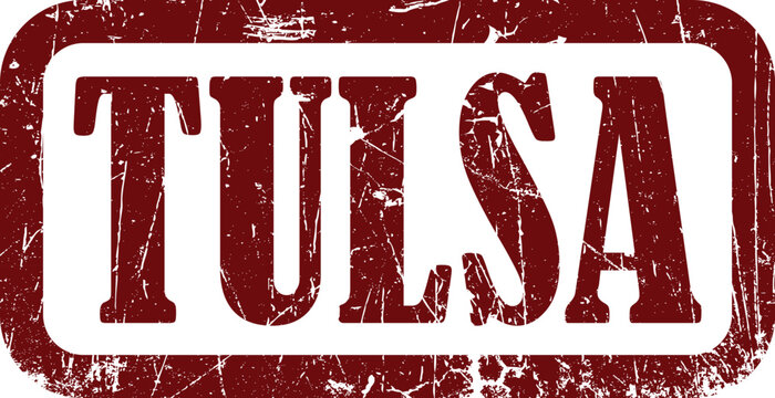 Tulsa, oklahoma, text inside a rectangular dark red grunge rubber stamp impression