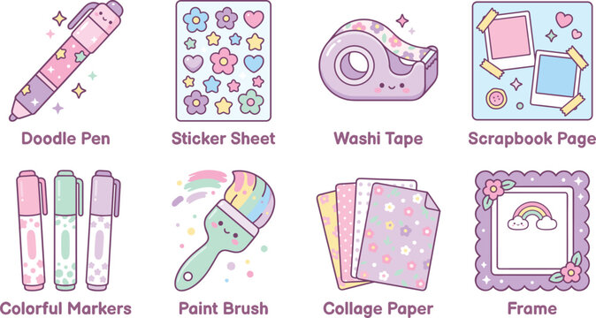Colorful collection of artistic stationery tools including markers, brushes, washi tape, and scrapbook elements. Ideal for educational materials, crafting blogs, and creative business branding.