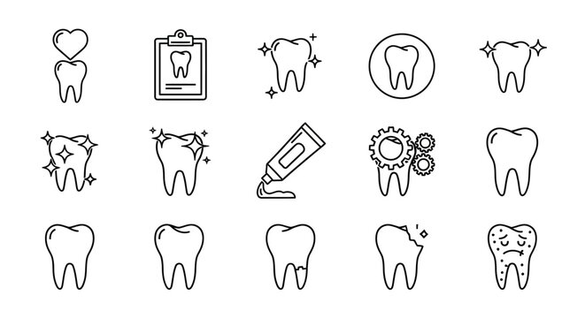 Vector icon set depicting dental health, oral care, dentistry, clean teeth, and various oral hygiene concepts with outline style