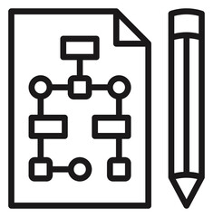 Black vector icon illustration of a document featuring a flowchart diagram or sitemap next to a pencil, representing project planning, workflow design, and information architecture mapping. © Mirza