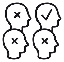 Recruitment and Selection Vector Icon Illustration Featuring Four Human Head Silhouettes with Cross and Checkmark Symbols Representing Talent Acquisition, Hiring Process, and Candidate Filtering © Mirza