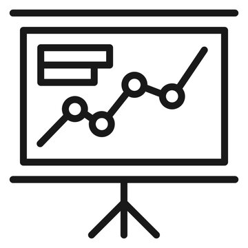 Minimalist black vector icon of a presentation screen on a tripod stand with a line graph and bar charts, representing business growth, data analysis, statistics, and professional reporting.