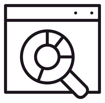 Web Browser Data Analysis Vector Icon Illustration with Magnifying Glass and Pie Chart for SEO, Business Intelligence, Market Research, and Analytics Concepts, Minimalist Black Line Art Symbol.